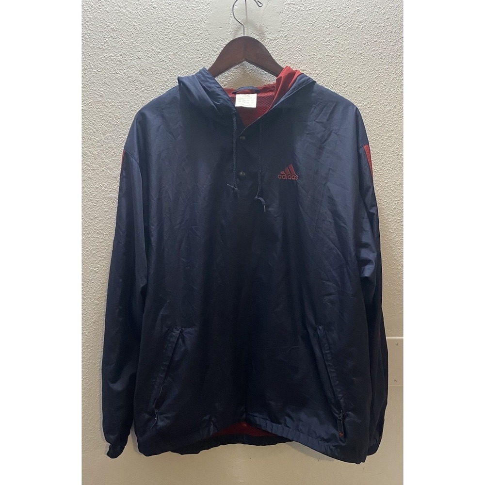 Adidas Windbreaker Mens Medium Navy Blue Vintage 3-Stripe Pullover Hooded